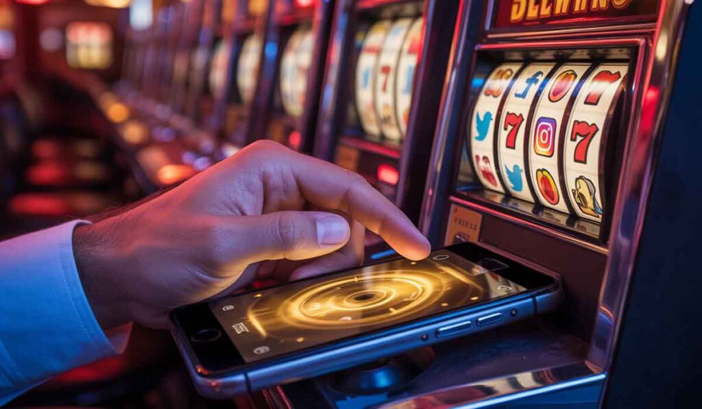 A person uses a smartphone in front of a slot machine, with the phone displaying a game interface resembling the slot machine’s spinning reels.