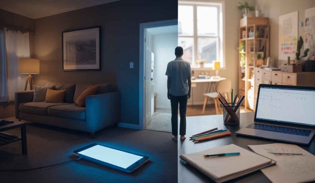 A split-image shows a dark living room with a glowing tablet on the floor on the left, and a bright home office with a person standing near a window on the right. This is life after doomscrolling gets replaced.