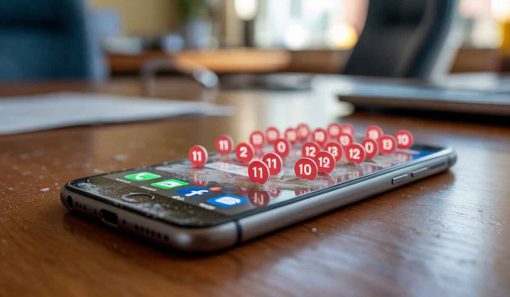 A smartphone on a wooden table displays multiple social media app notifications with red numbered icons above the screen.