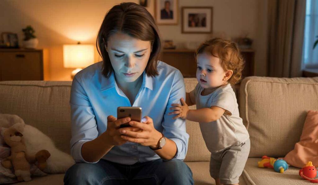 A woman sits on a couch focused on her phone doomscrolling while a toddler stands beside her, reaching toward her arm. Toys and stuffed animals are on the couch and floor.